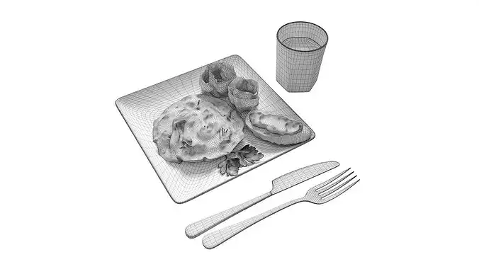 Breakfast with omlette bacon and juice 3D model 7