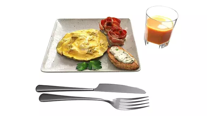 Breakfast with omlette bacon and juice 3D model 3