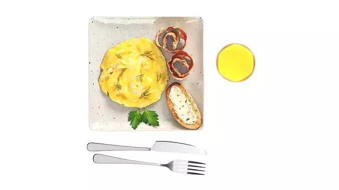 Breakfast with omlette bacon and juice 3D model 6