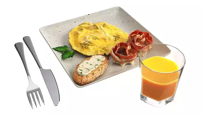 Breakfast with omlette bacon and juice 3D model 4