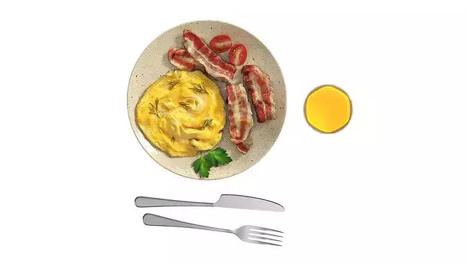 Breakfast with omlette bacon and juice 02 3D model 6