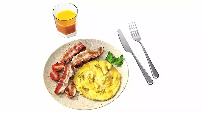 Breakfast with omlette bacon and juice 02 3D model