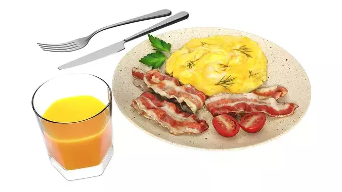 Breakfast with omlette bacon and juice 02 3D model 2