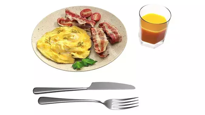 Breakfast with omlette bacon and juice 02 3D model 3