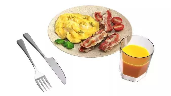 Breakfast with omlette bacon and juice 02 3D model 4