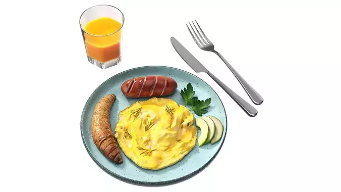 Breakfast with omlette sausage and juice 3D model