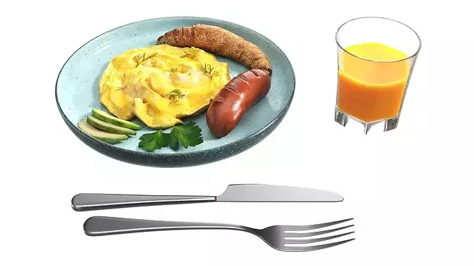 Breakfast with omlette sausage and juice 3D model 3