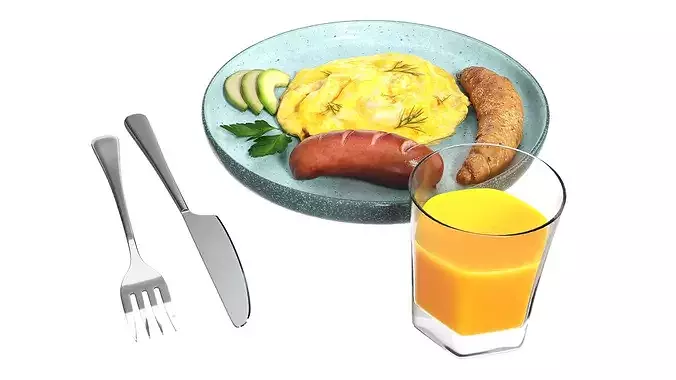 Breakfast with omlette sausage and juice 3D model 4