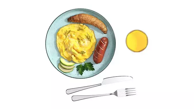 Breakfast with omlette sausage and juice 3D model 6