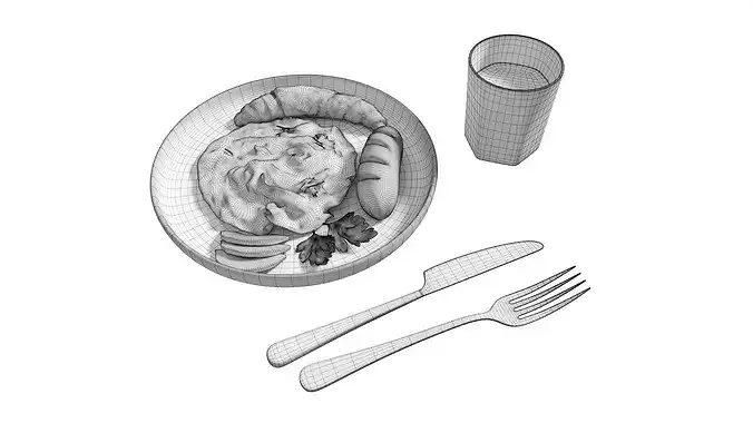 Breakfast with omlette sausage and juice 3D model 7