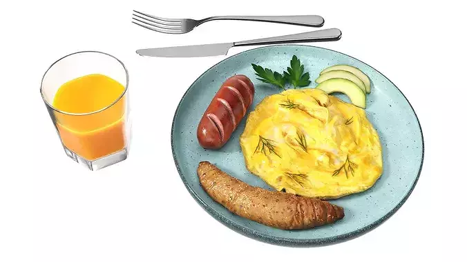 Breakfast with omlette sausage and juice 3D model 2