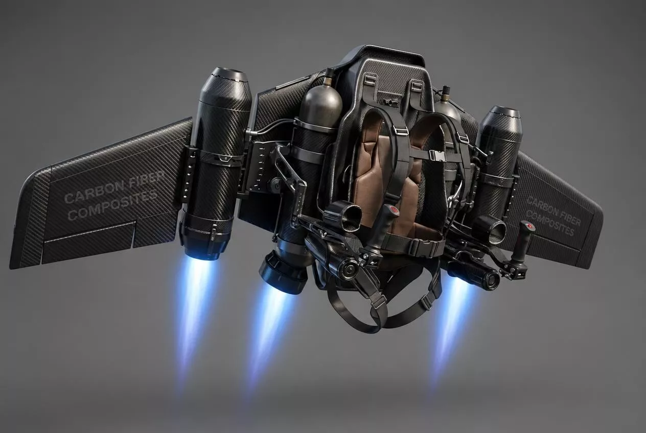 Futuristic Carbon Fiber Jetpack with Thrusters in Mid Flight Low-poly 3D model