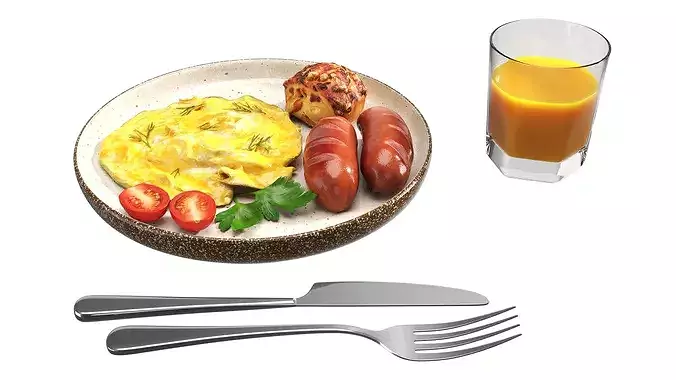 Breakfast with omlette sausages and juice 3D model 3
