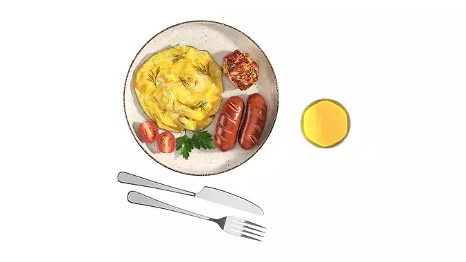 Breakfast with omlette sausages and juice 3D model 6