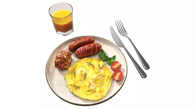 Breakfast with omlette sausages and juice 3D model