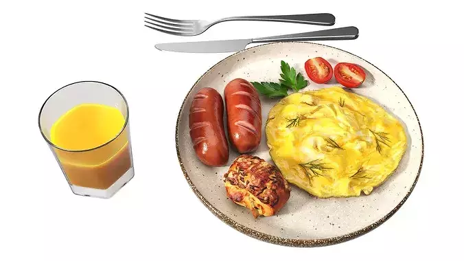 Breakfast with omlette sausages and juice 3D model 2