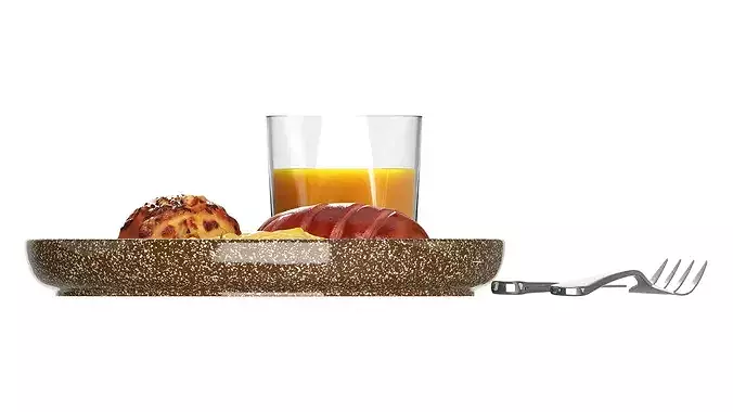 Breakfast with omlette sausages and juice 3D model 5