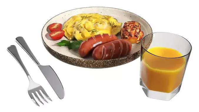 Breakfast with omlette sausages and juice 3D model 4