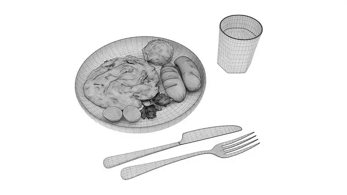 Breakfast with omlette sausages and juice 3D model 7