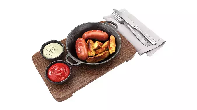 Cast iron skillet with meal on a wooden tray 3D model