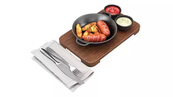 Cast iron skillet with meal on a wooden tray 3D model 4