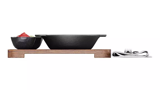 Cast iron skillet with meal on a wooden tray 3D model 6