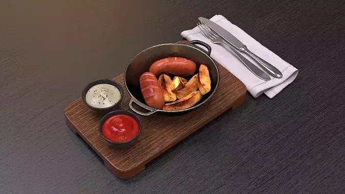 Cast iron skillet with meal on a wooden tray 3D model 2