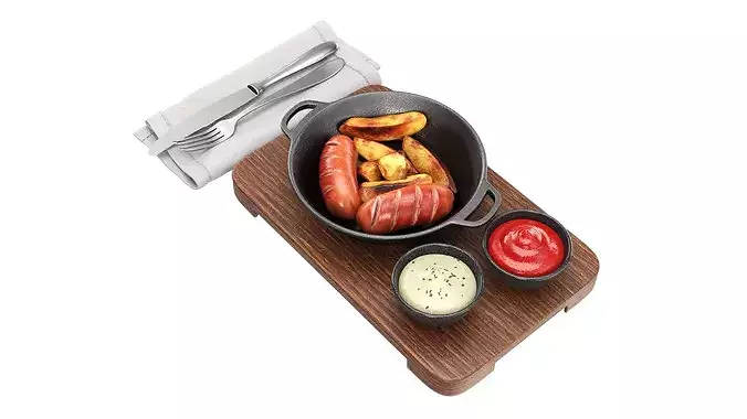 Cast iron skillet with meal on a wooden tray 3D model 3