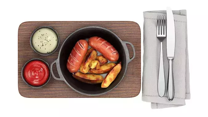Cast iron skillet with meal on a wooden tray 3D model 7