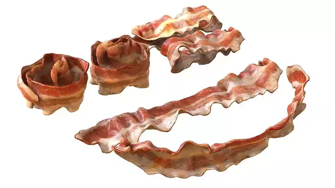 Fried bacon slice set 3D model 3