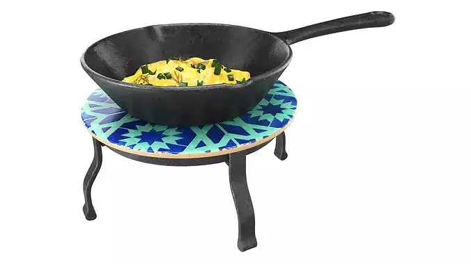 Omlette in a skillet on a trivet 3D model 2