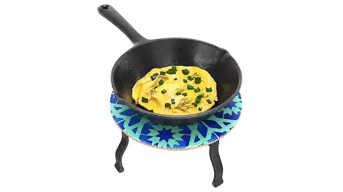 Omlette in a skillet on a trivet 3D model