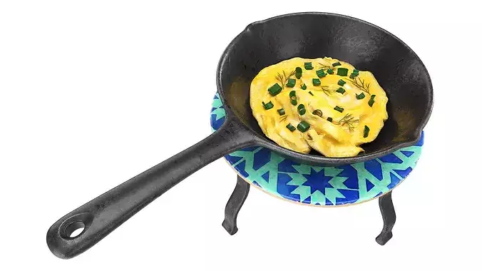 Omlette in a skillet on a trivet 3D model 3