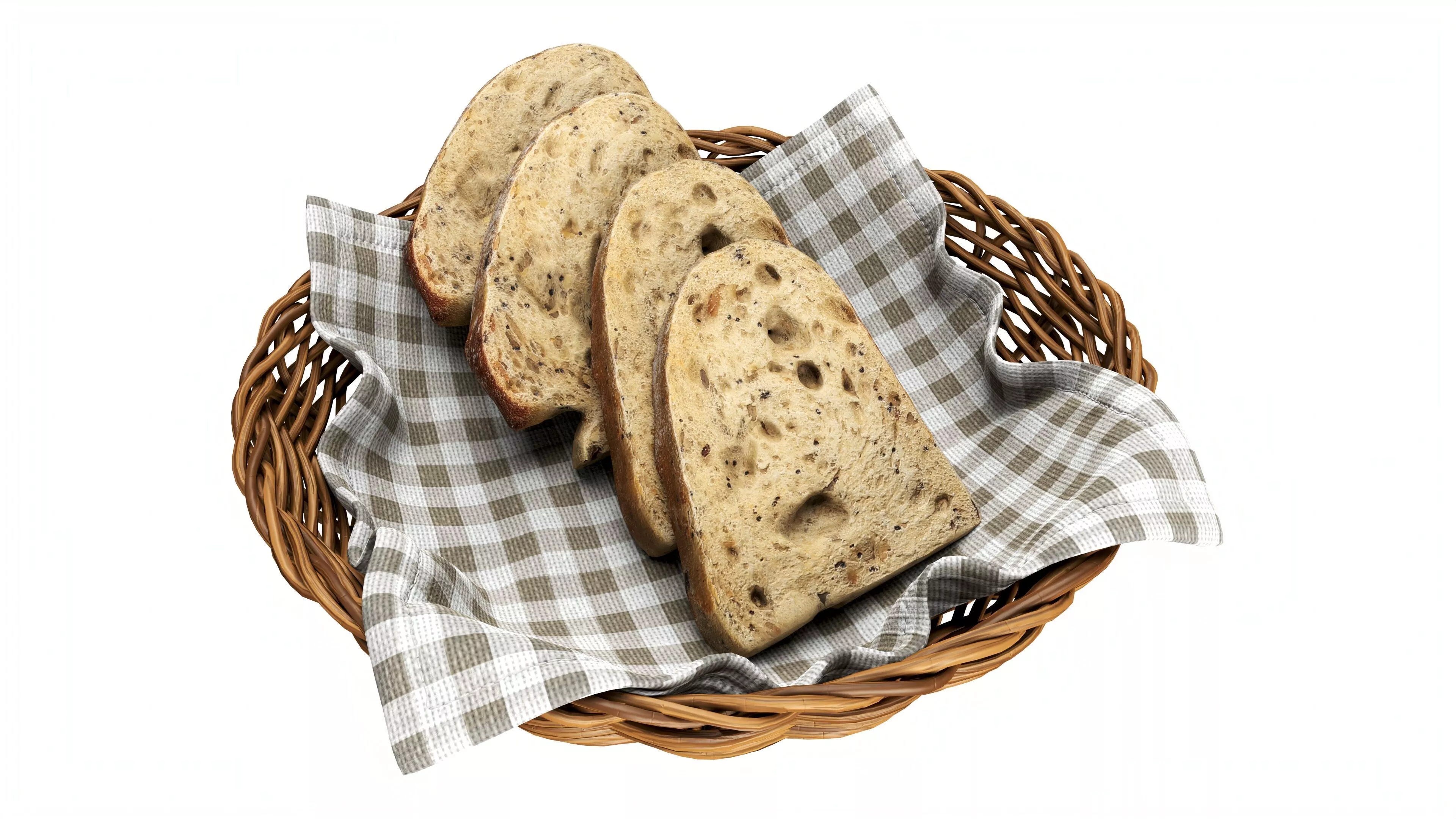 Wicker basket with napkin and slices of bread 3D model