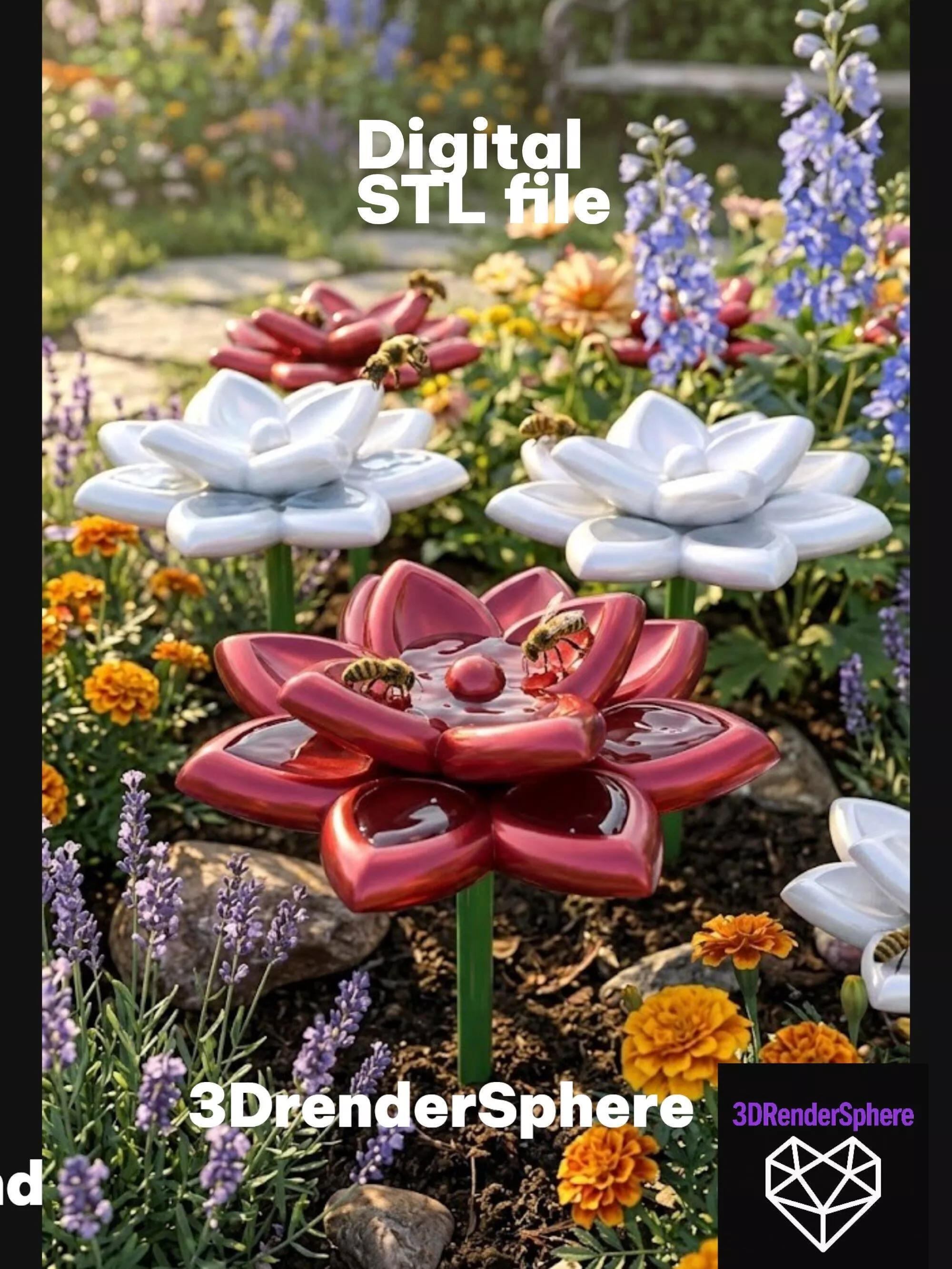 Flower Watering Station STL Bee Butterfly Bird Bath 3D print model