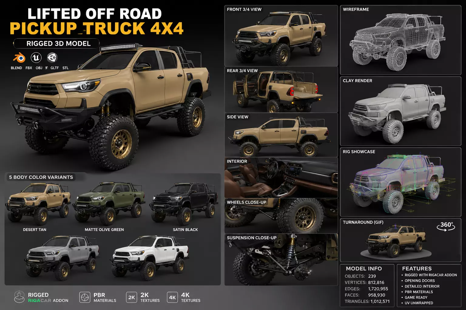 Rigged Lifted Off Road Pickup Truck 4x4 Game Ready 3D Model Low-poly 3D model
