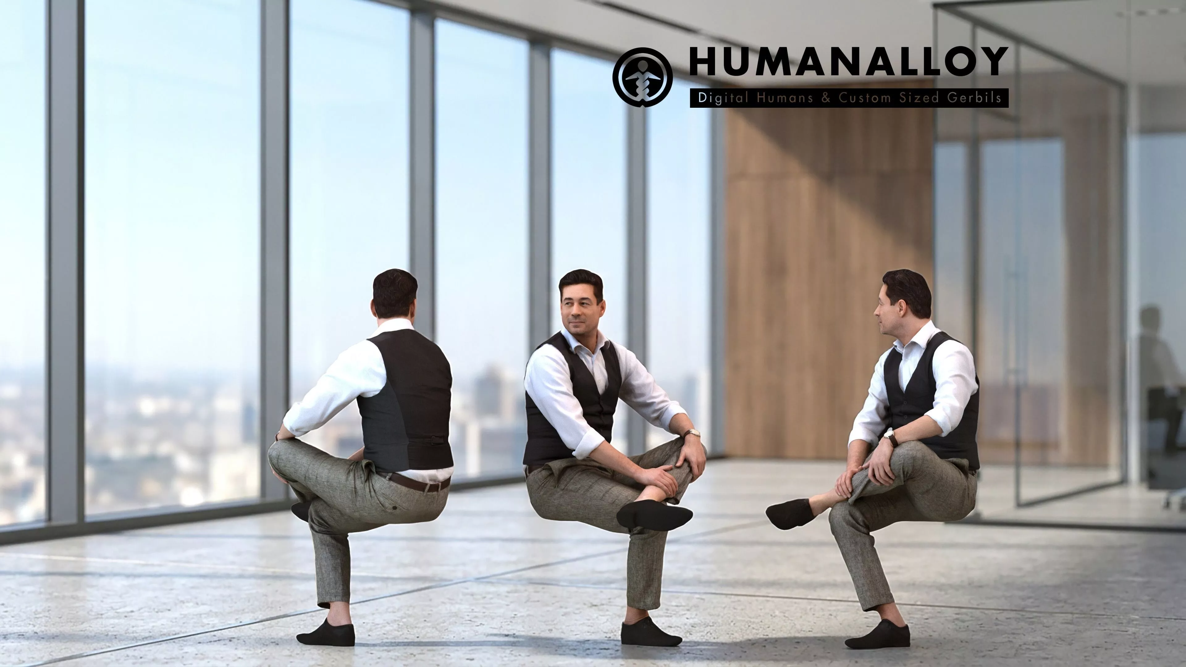 Adult Caucasian male relaxing in office wearing transitional 3D model