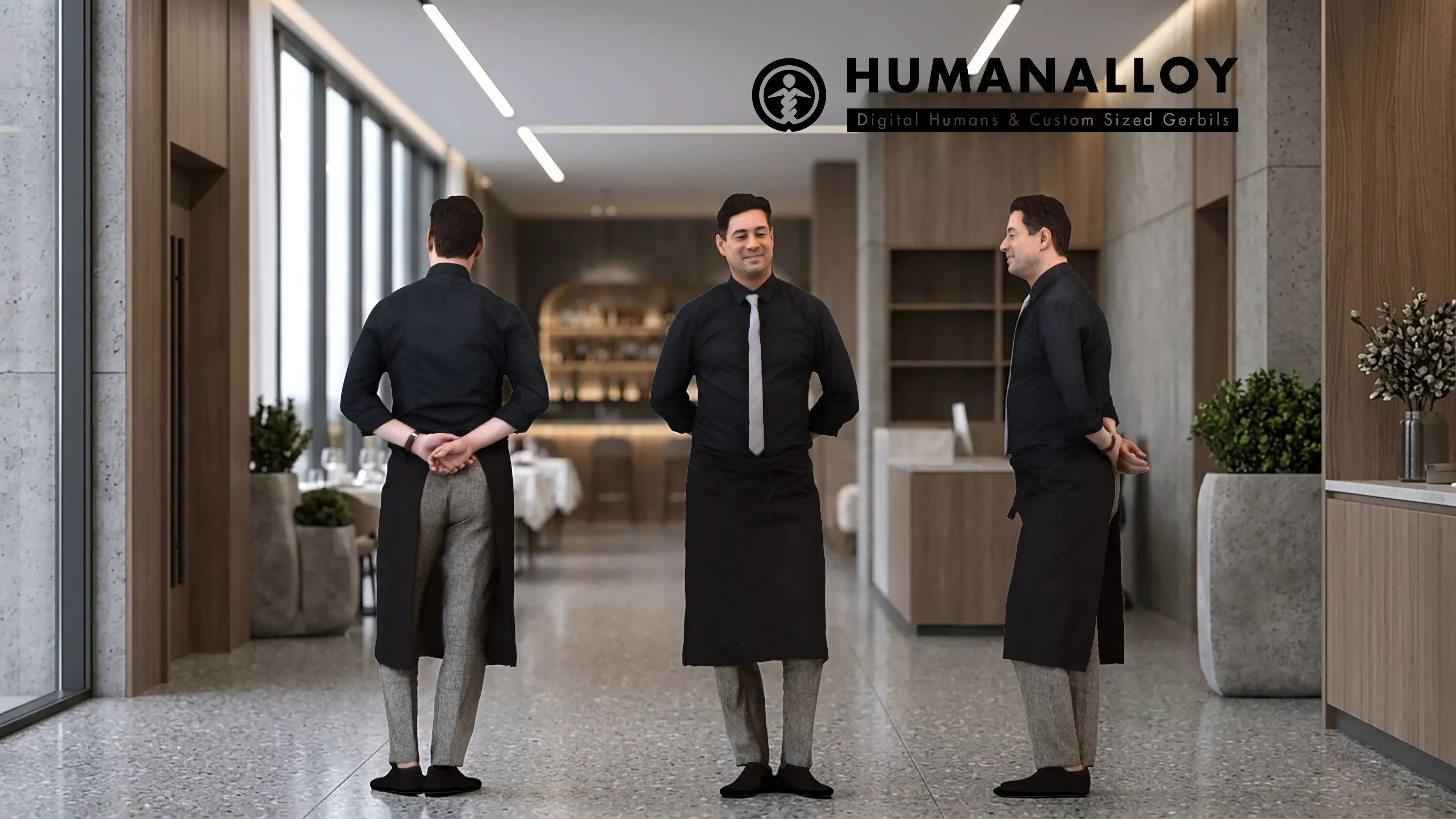 Adult Caucasian male waiting in hospitality setting wearing 3D model