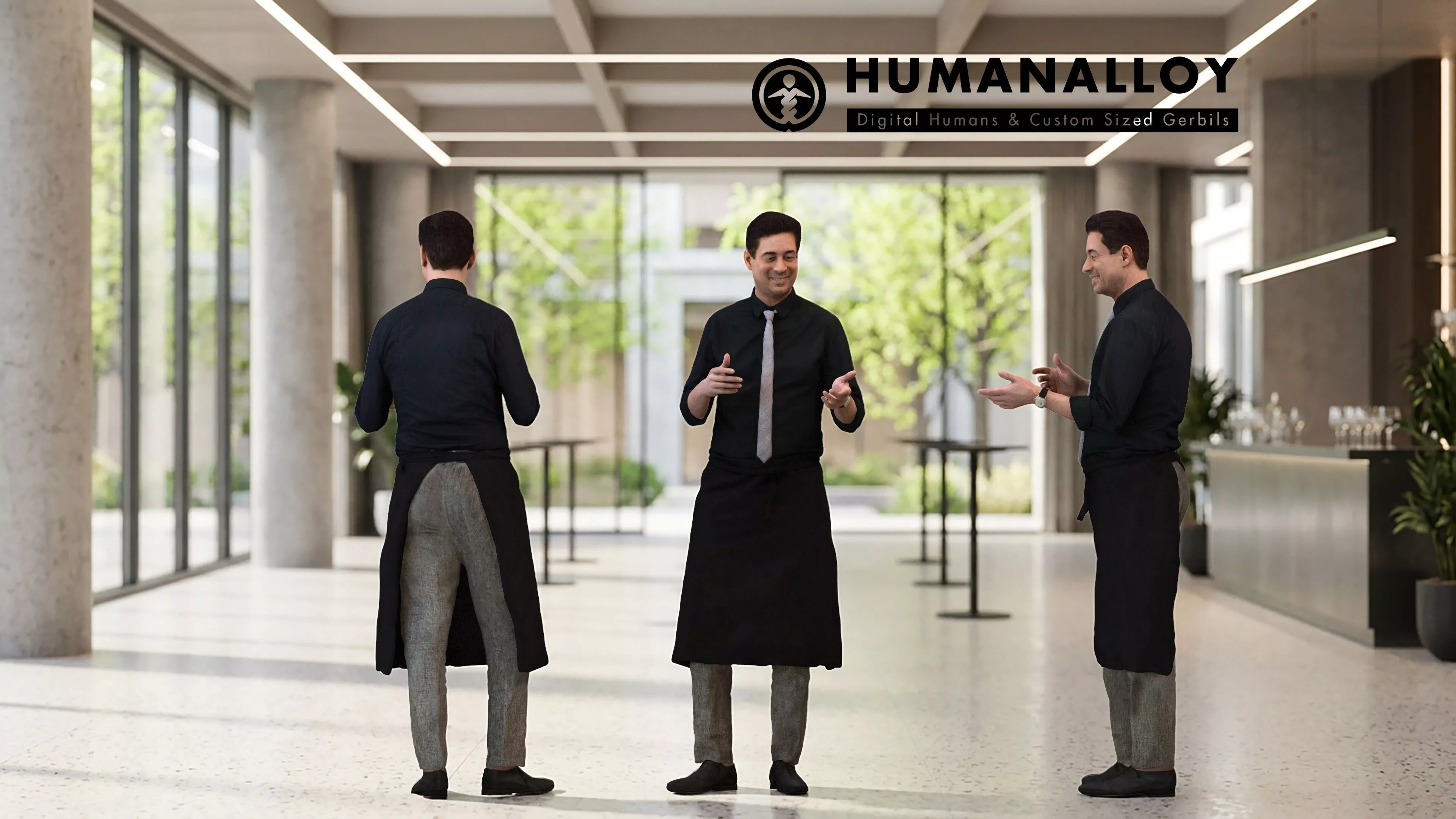 Adult Caucasian male presenting in hospitality setting wearing 3D model
