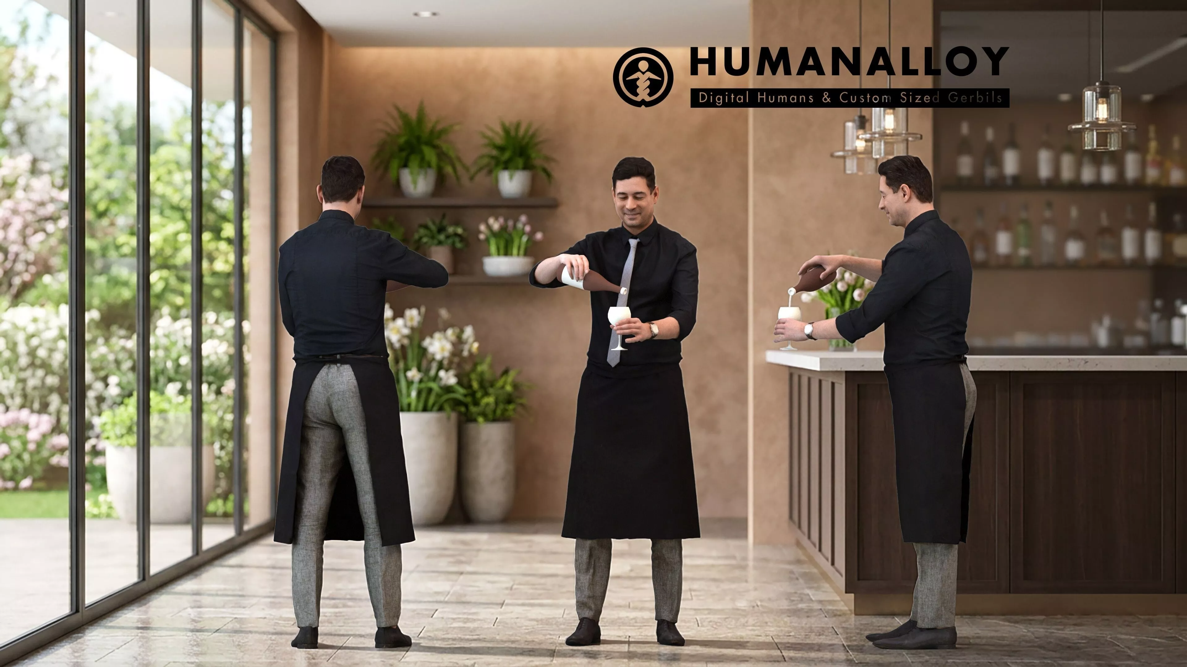 Adult Caucasian male waiting in hospitality setting wearing 3D model