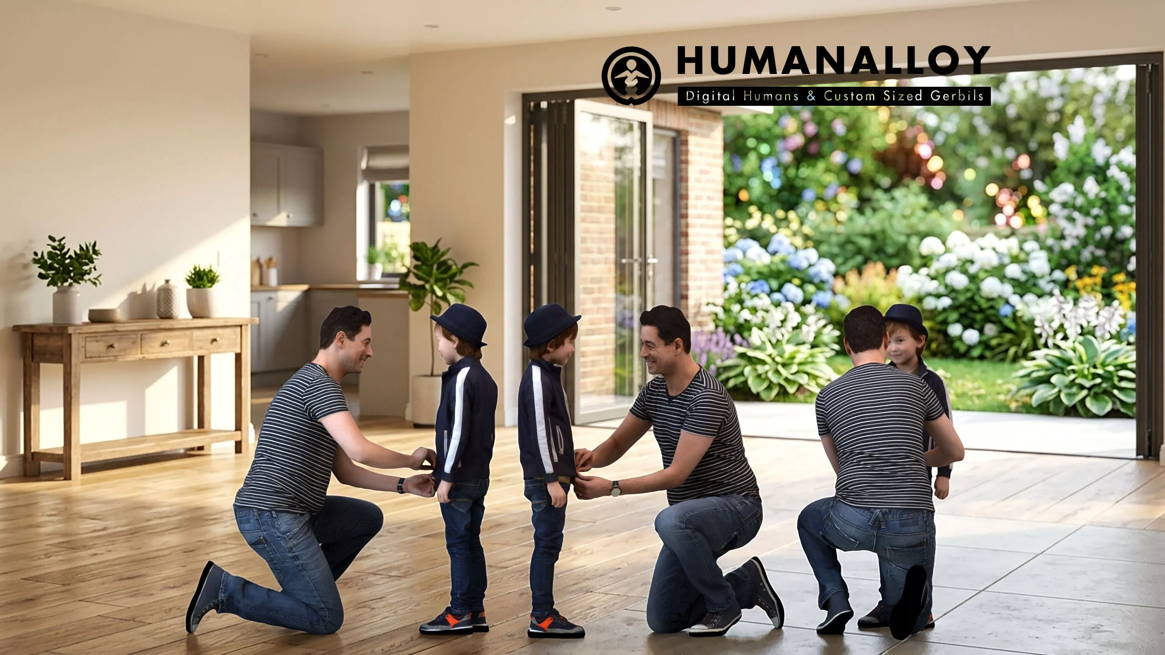 Adult Caucasian man crouching with son in casual summer home 3D model