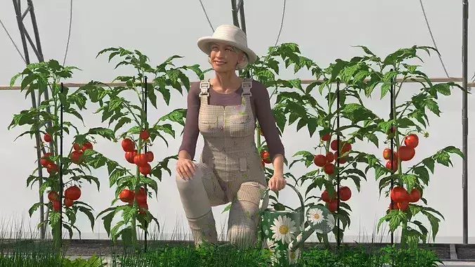 Vegetables Greenhouse Tent with Gardener 3D model 2