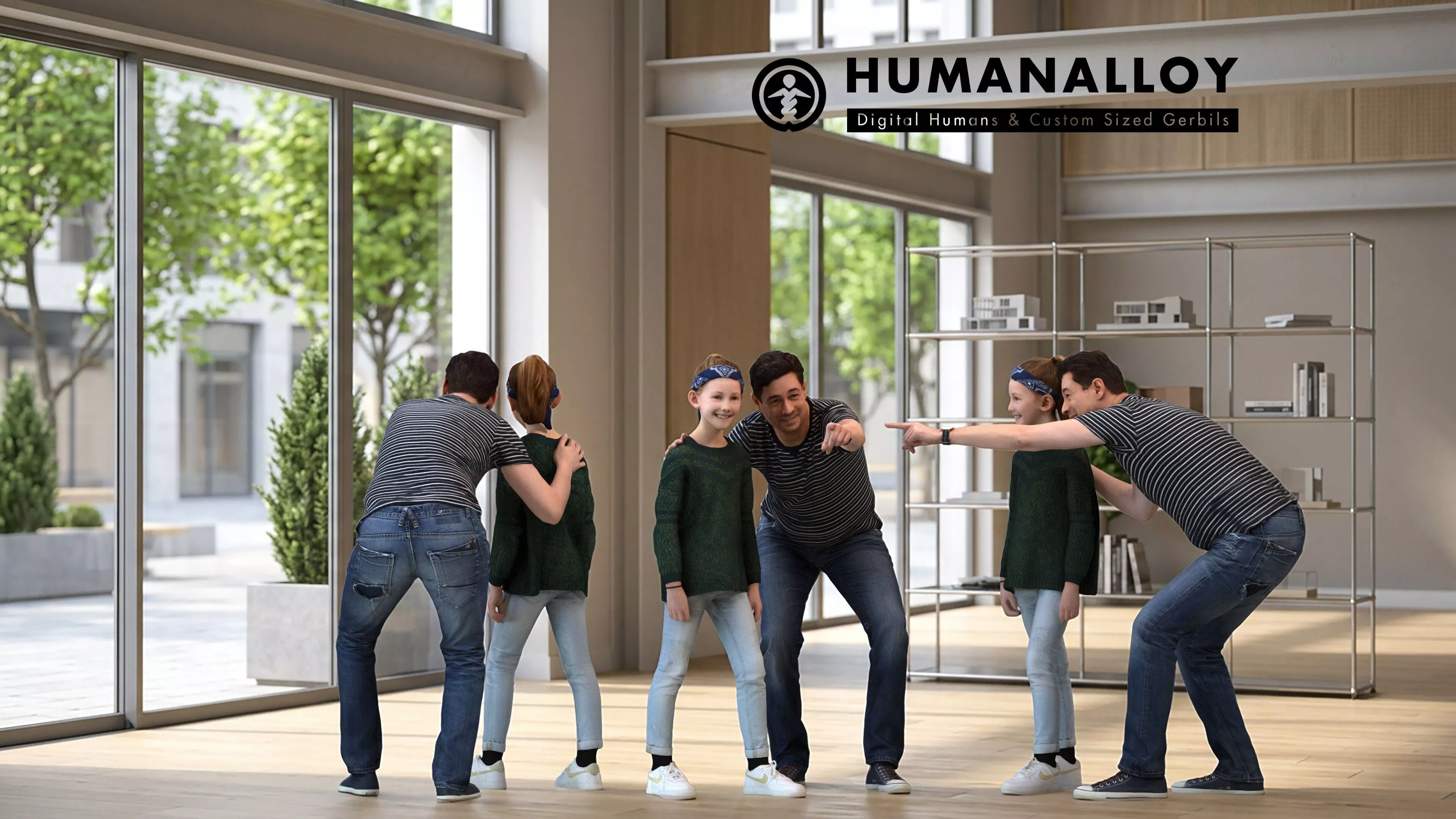 Young Caucasian woman standing casually in public space wearing 3D model