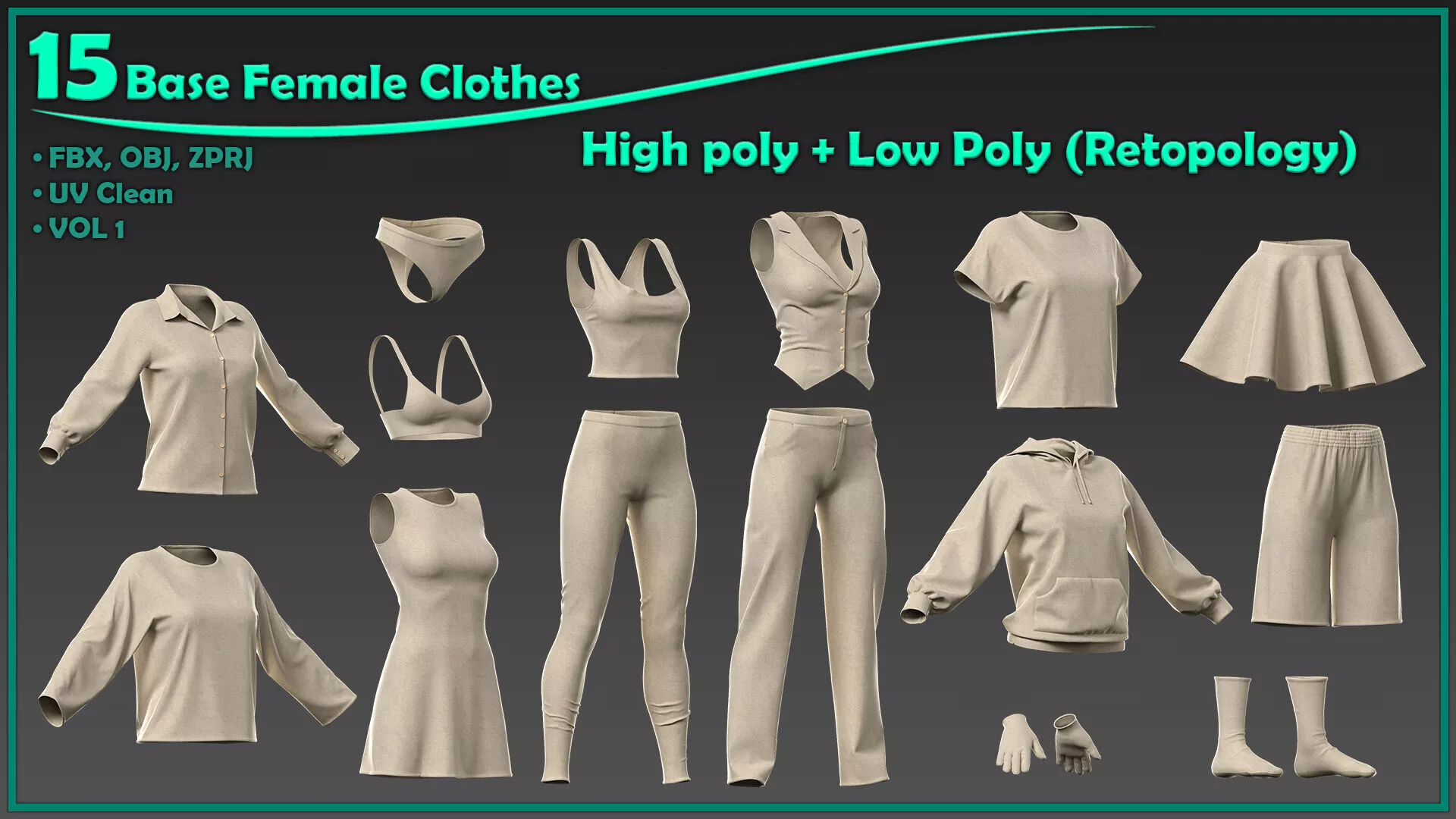 15 female base clothes with Retopology and Bake maps Low-poly 3D model