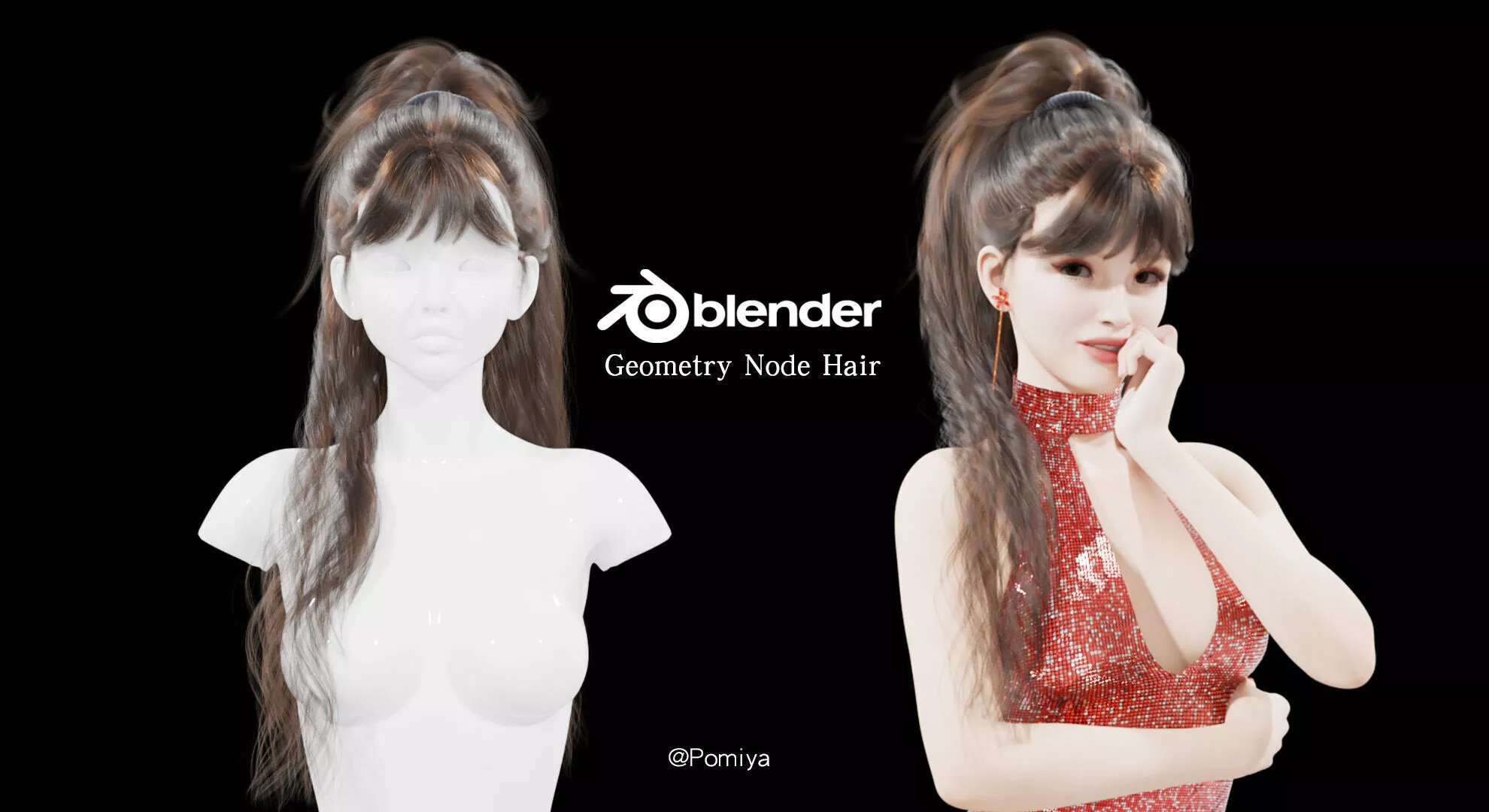 Messy Half-Up Wavy Hair - Blender Geometry Nodes Hair 3D model