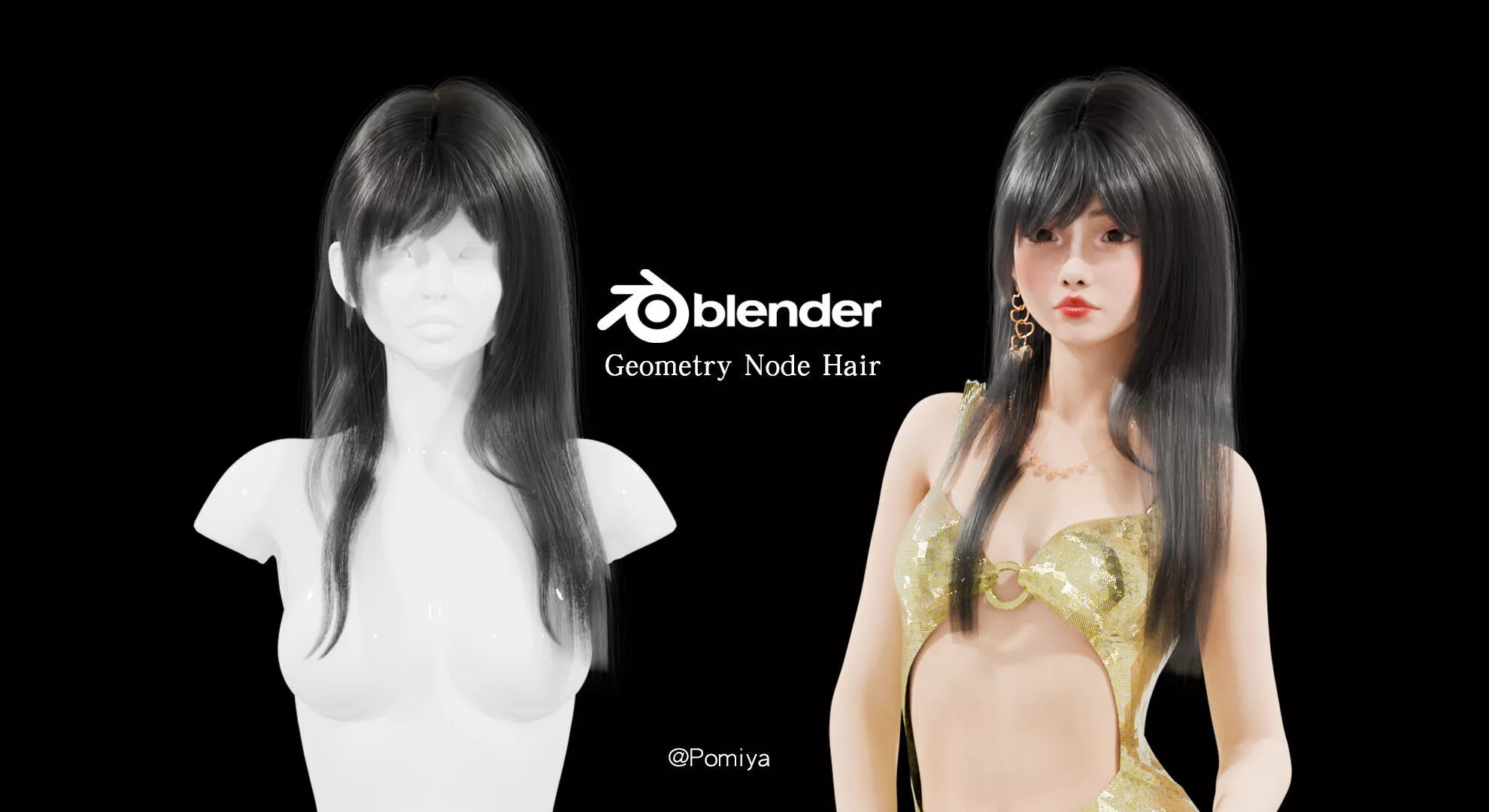 Long Straight Hair with Bangs - Blender Geometry Nodes Hair 3D model