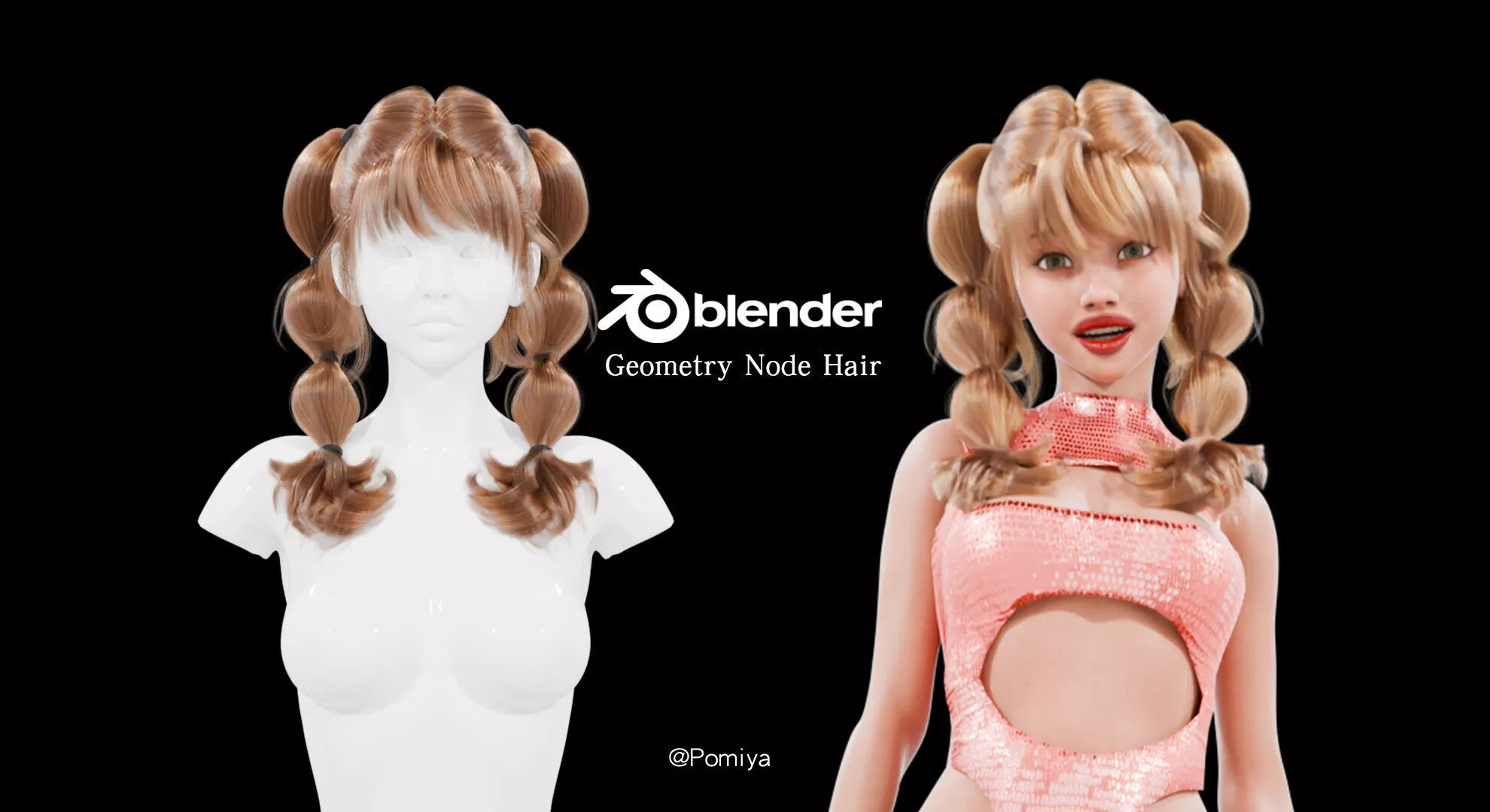 Bubble Pigtails Hair - Blender Geometry Nodes Hair 3D model