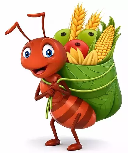 Cheerful Anime Ant with Food Backpack Minimalist GameReady 3D model 3