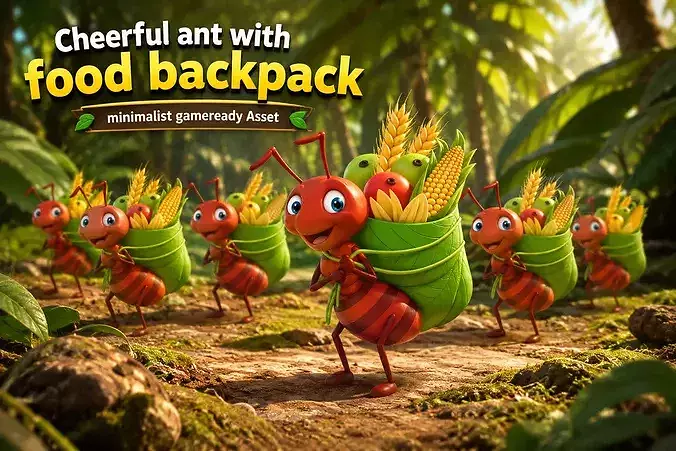 Cheerful Anime Ant with Food Backpack Minimalist GameReady 3D model