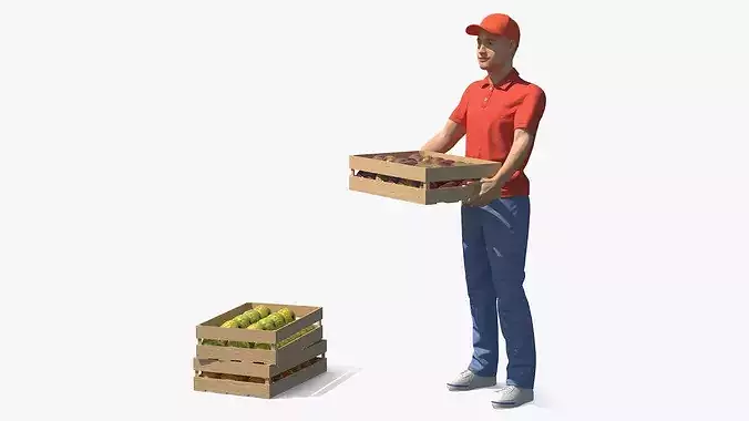 Delivery Man Carries A Box Of Fruits 3D model